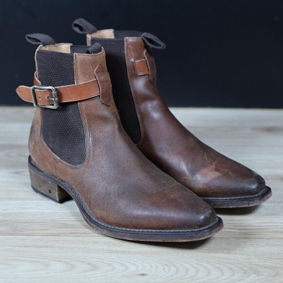 John Varvatos Boots Mens 9.5 Brown Leather Chelsea Buckle Handmade Made In Italy - Picture 1 of 13